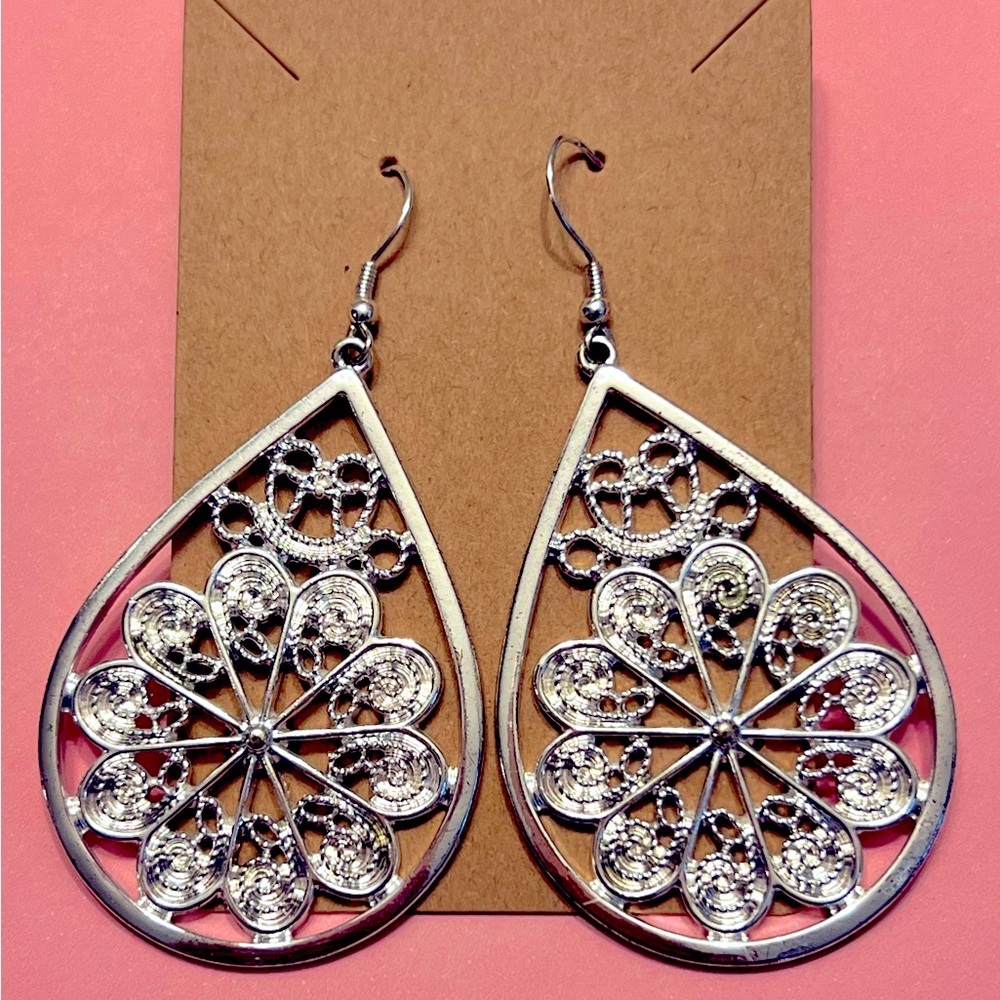 Bohemian Silver Finish Filigree Teardrop Earrings